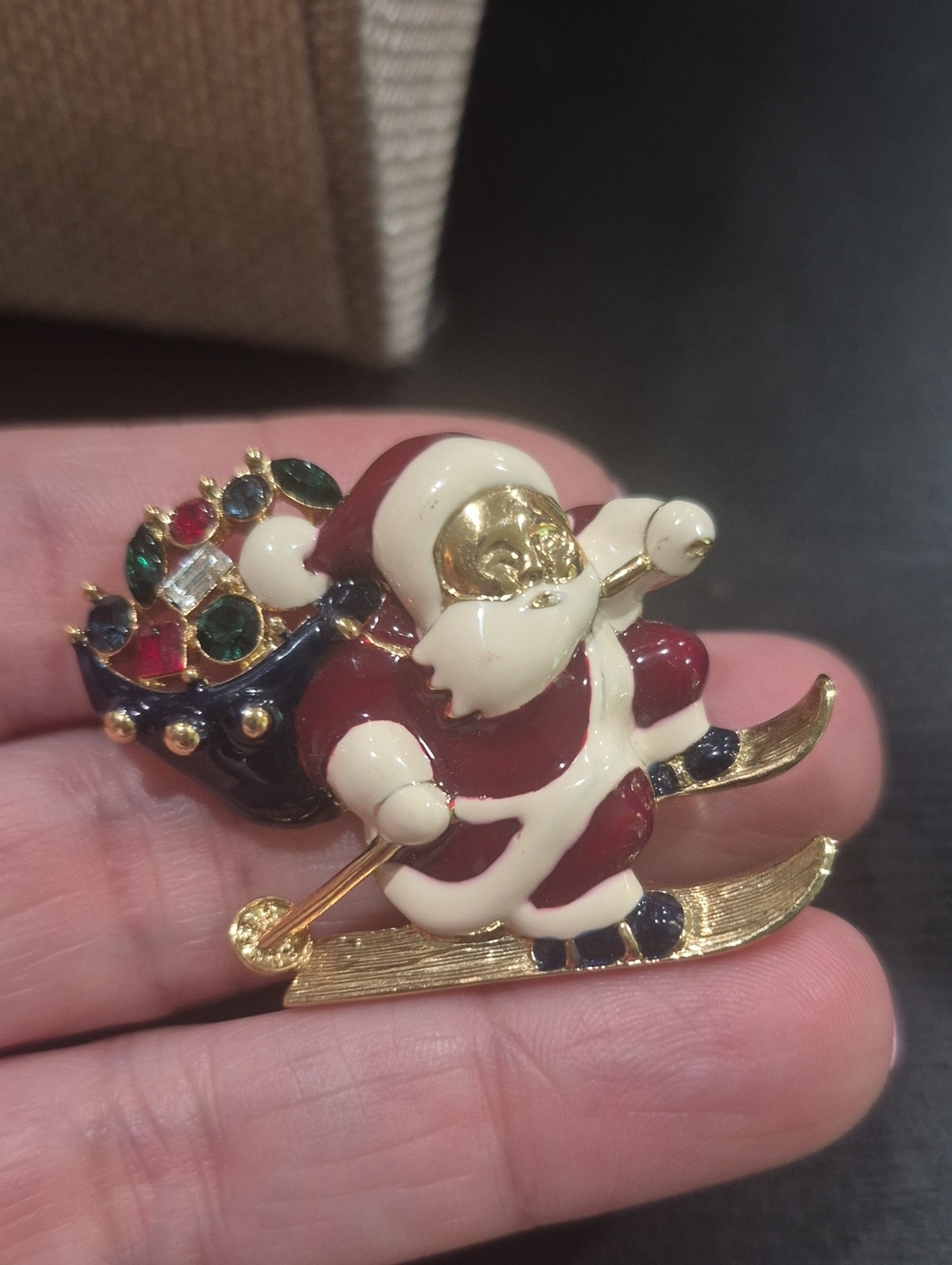 Vintage Santa Enamel Skiing Brooch with Crystal Jeweled Sack